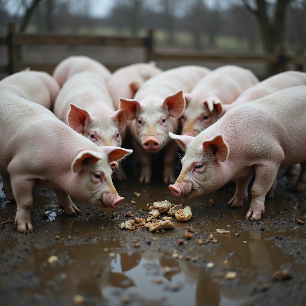 realistic scene of a group of pigs in a muddy pen, some eating leftovers and others approaching feces on the ground, rural atmosphere, natural details, 4K quality emoji