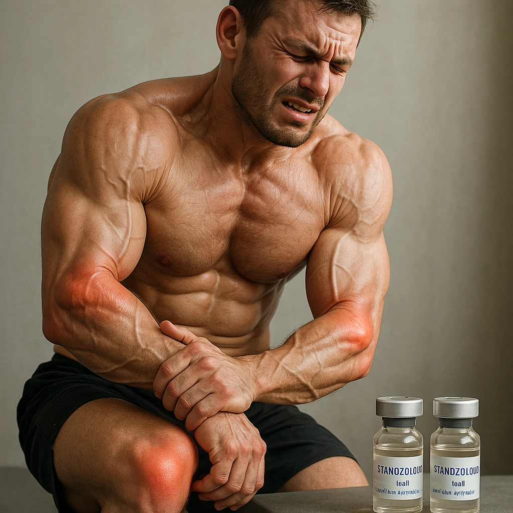 realistic and anatomical crossfit athlete with swollen and painful joints; muscles emphasized; expression of discomfort; vials labeled 'Stanozololo' nearby; natural lighting; neutral background emoji