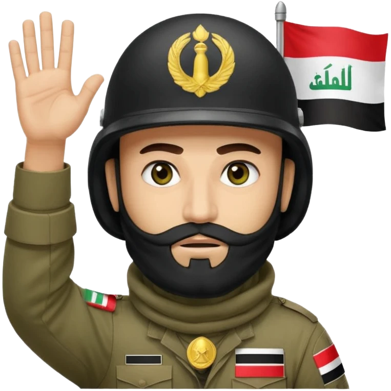 surrenders, depicts an Iraqi soldier from 1980, with a beard, in a helmet, a helmet with sign flag Iraq, with a balaclava, with sad eyes and both hands raised up emoji