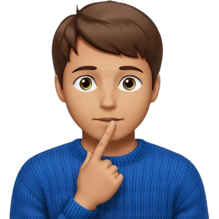 man in black knitted sweater in thinking pose, blue eyes brown hair, index finger touching his chin, eyes looking up to the top right emoji