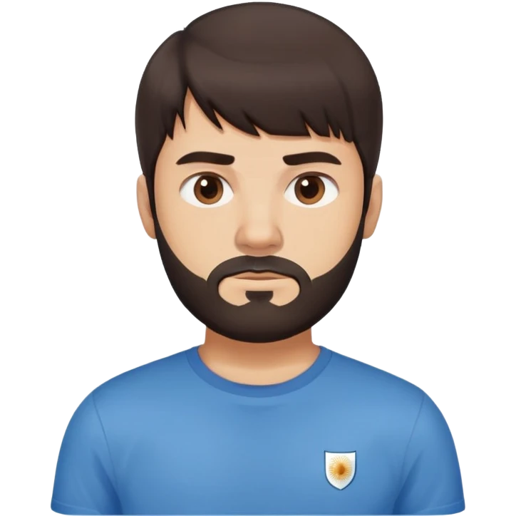 Argentine male with straight dark brown hair and bangs, short complete beard, serious neutral face, wearing plain blue t-shirt emoji