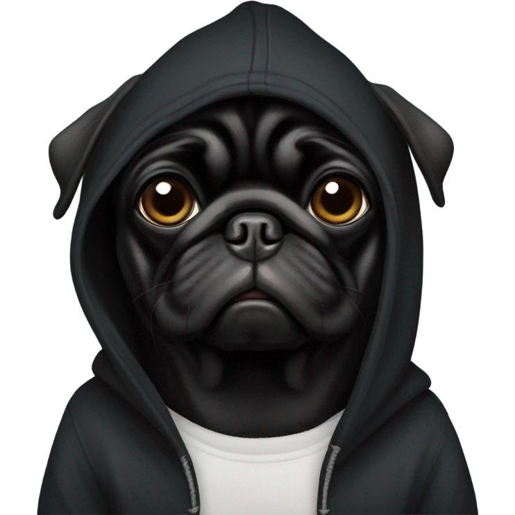 Black pug wearing a black hoodie emoji