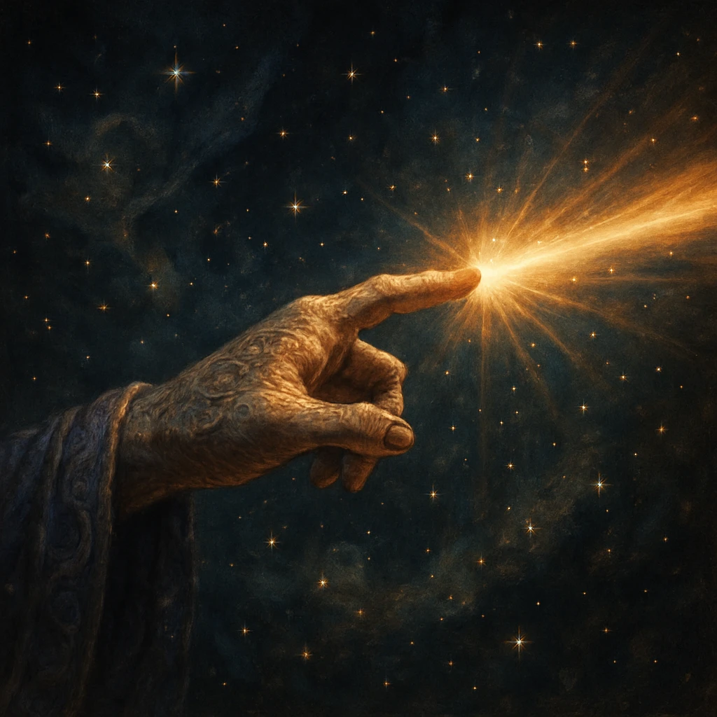 mystical hand pointing outward with a beam of light shooting from the fingertip, no text, fantasy style, not apple emoji style emoji