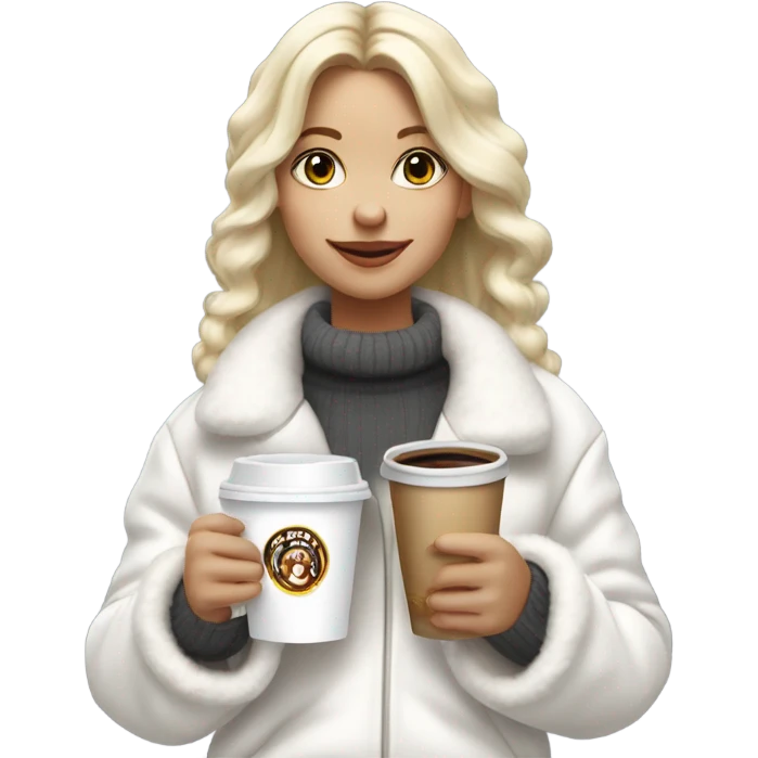 blonde girl wearing white fluffy jacket and a coffee to go in hand all dress white and a white bow on hair emoji