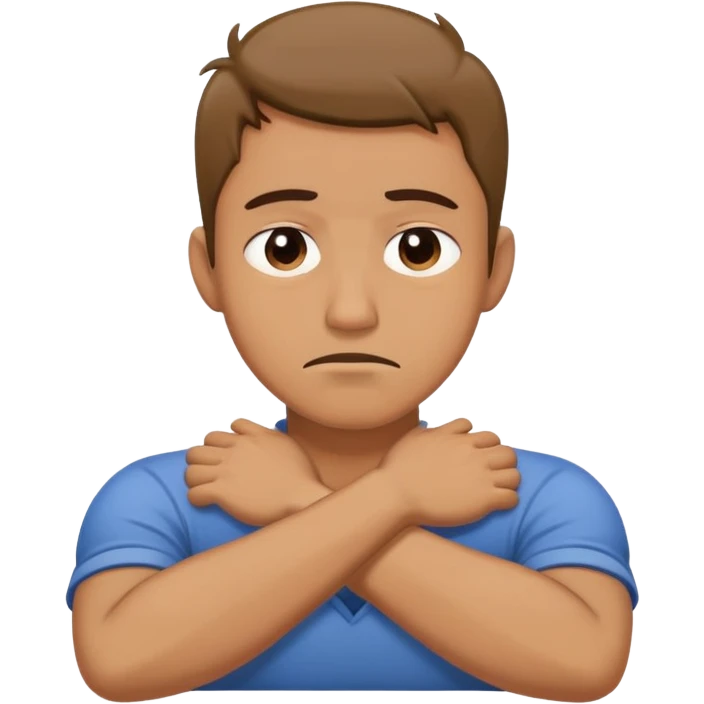 Guy grabbing his neck while his arms are crossed with a sad face emoji
