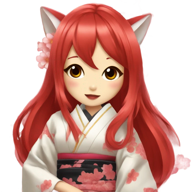 hime gyaru girl, kimono, red hair, kitsune mask emoji