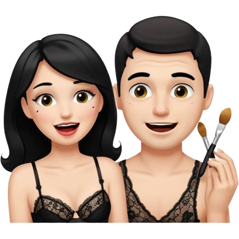 male getting sissified in lingerie by his smug wife. the wife is crying with laughter. she is doing the males makup emoji