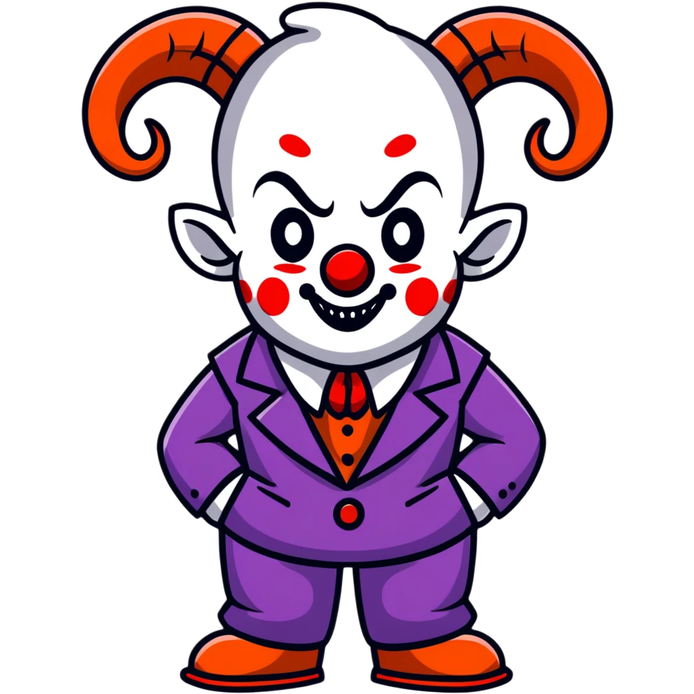 demonic clown wearing a leisure suit, bald with ram horns emoji