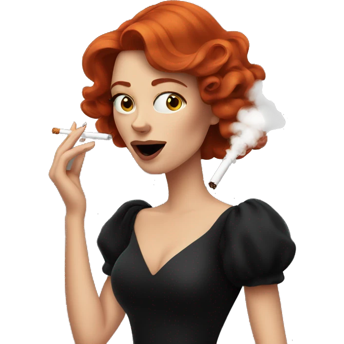 An elegant red-haired girl dressed in a black dress and smoking a cigarette. Smoke is coming out of her mouth emoji