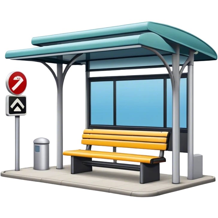 A bus stop with a shelter, a bench, and a signpost displaying the bus route information emoji