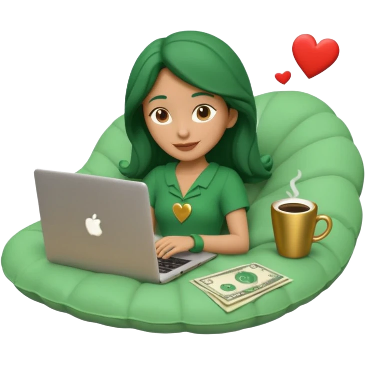 3D clay character relaxed with laptop and coffee, floating icons (envelope, heart, dollar), deep green (#0B3D2C) outfit, gold icons, cream laptop, Pixar style, transparent background emoji
