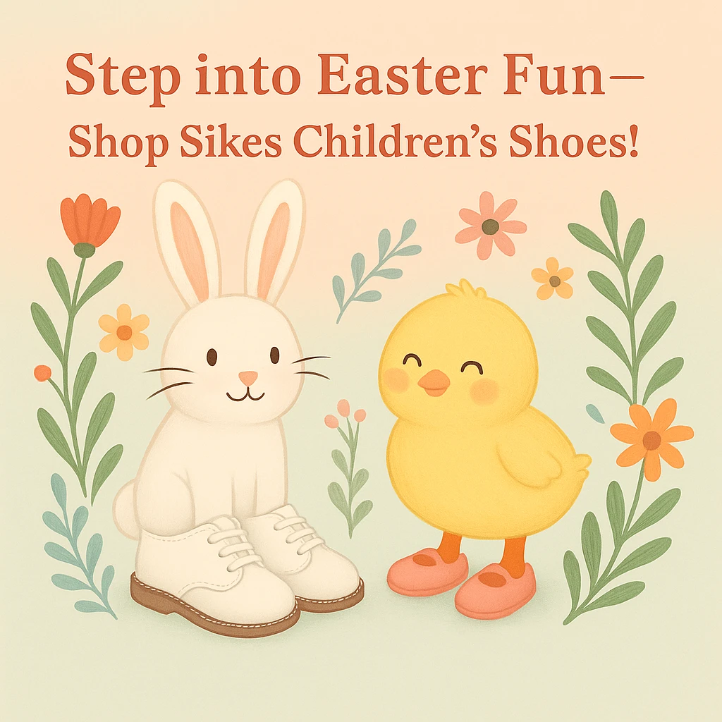 Edit the Easter-themed Instagram post so the rabbit is wearing shoes that closely resemble the provided white children's shoe (classic lace-up style, white leather, brown sole). Keep the pastel background, bunny and chick with shoes, floral accents, and the headline: 'Step into Easter Fun—Shop Sikes Children’s Shoes!'. No logo present. emoji