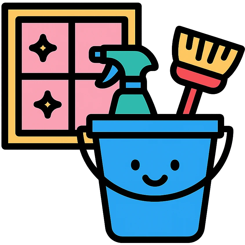 bucket with cleaning supplies next to a window, cheerful and tidy emoji