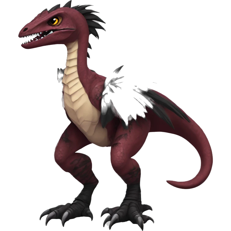 Maroon edgy badass modern sexy handsome punk velociraptor-dragon-Digimon, with black spiky mane, full body emoji