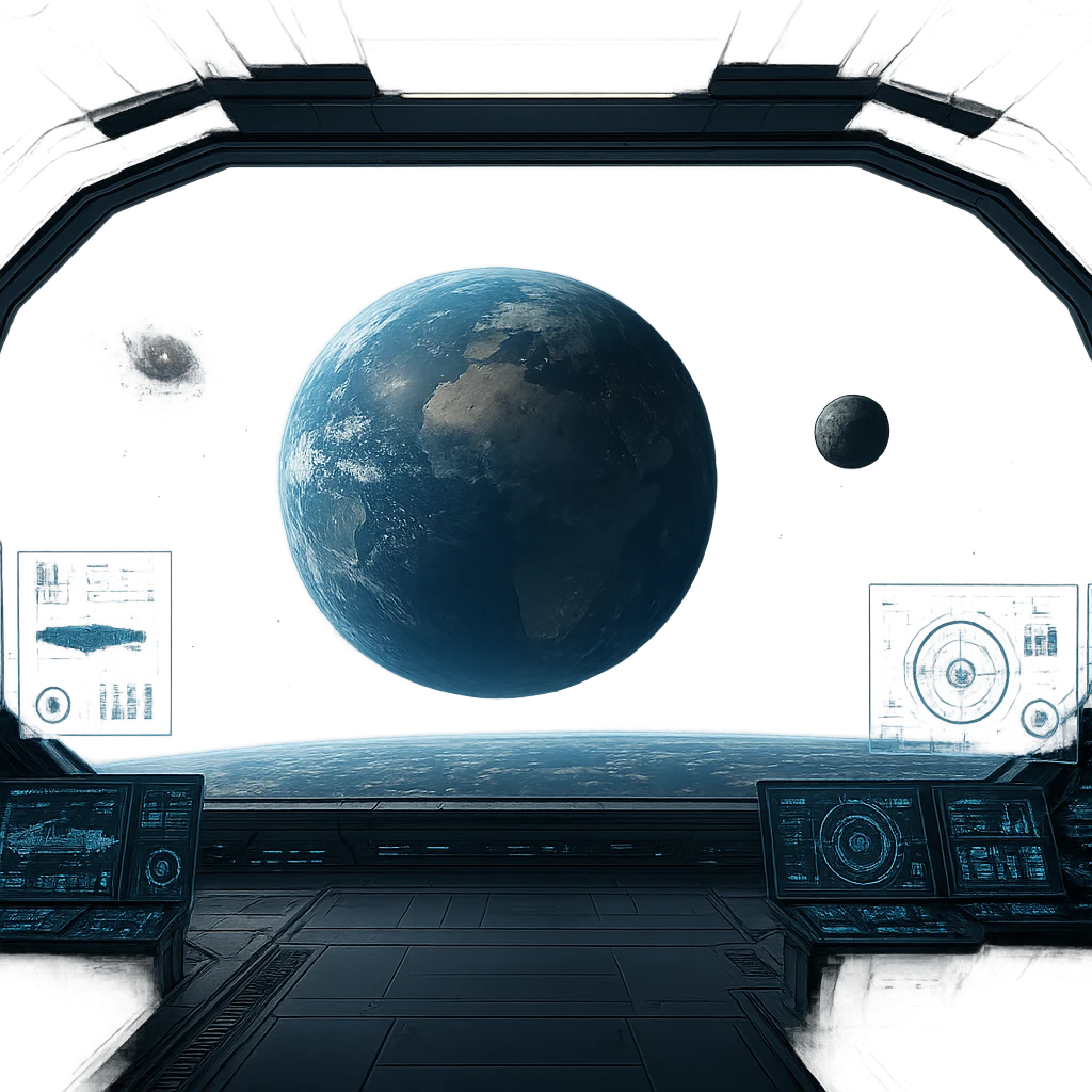 a sophisticated starcruiser command deck viewing port, the viewscreen is alpha-transparent, no chairs, multiple screens emoji
