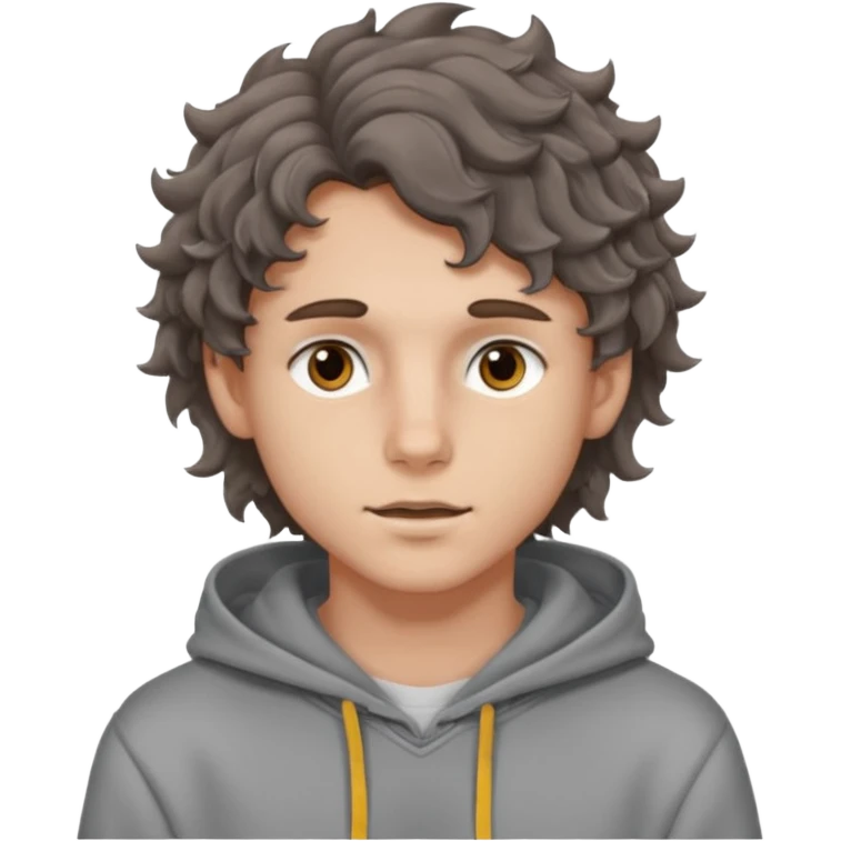 18 year old boy siren eyes good jawline with grey hoodie and long brown wavy curly wolf cut hair emoji