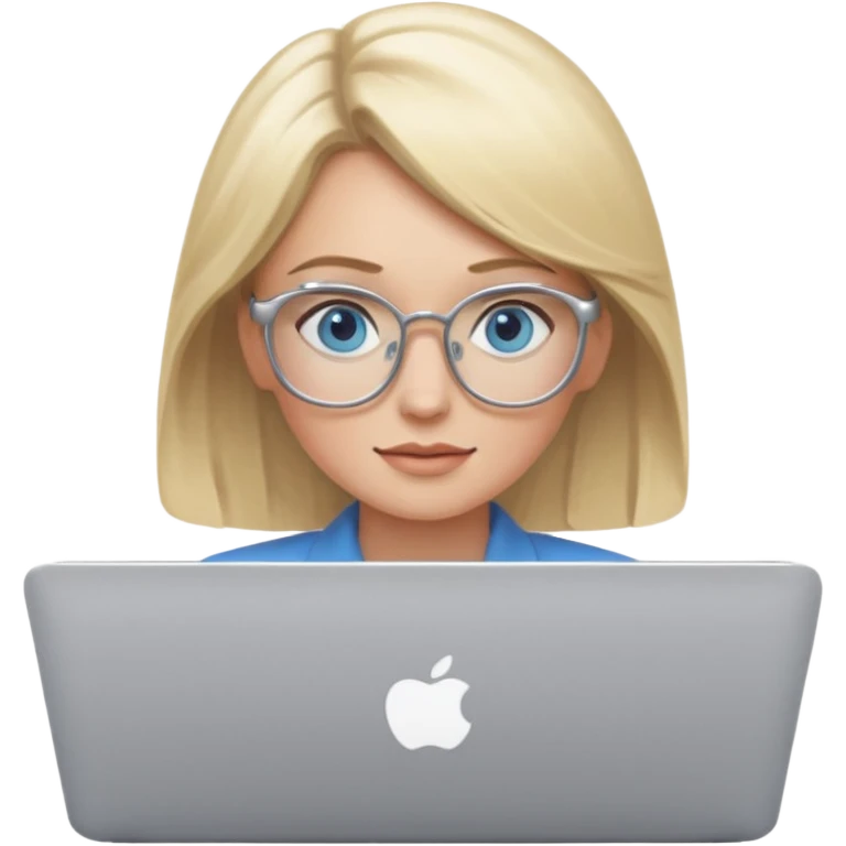 blonde hair woman blue eyes on mac lap top with glasses emoji