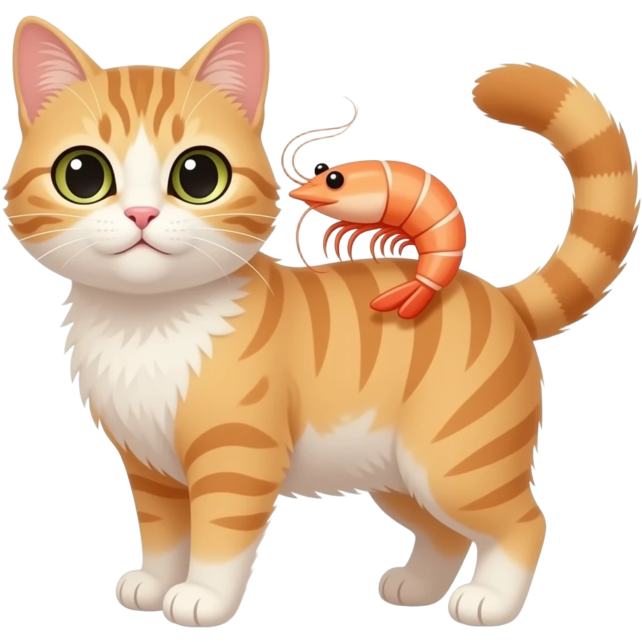 Shrimp cat with a little stuffed shrimp toy emoji