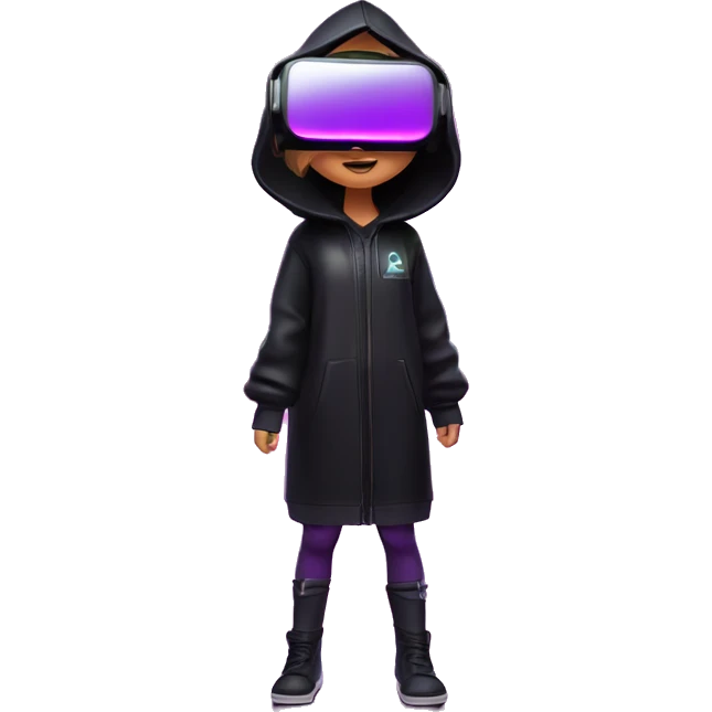 Russian girl wearing black hoody with violet letters "OMG", in vr headset oculus quest2. Standing like jedi. Cyberpunk style. Violet neon. emoji