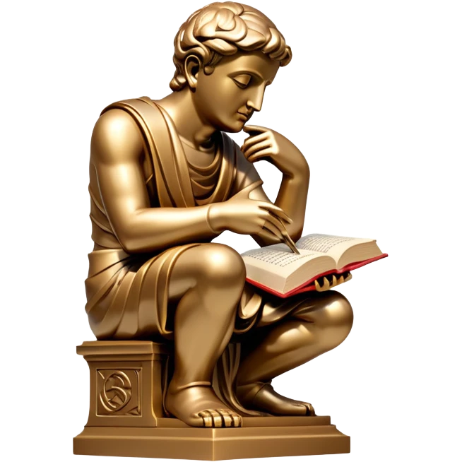 An icon featuring a thinker statue, a scroll, symbolizing philosophy. The design includes books and abstract symbols representing deep thought and wisdom. Transparent background highlights the study of ideas, logic, and existential questions emoji