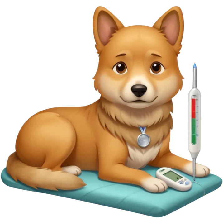 A sick dog lying down with a digital thermometer placed next to it, showing a fever.
The dog looks tired and weak, with a warm and cozy indoor atmosphere. emoji