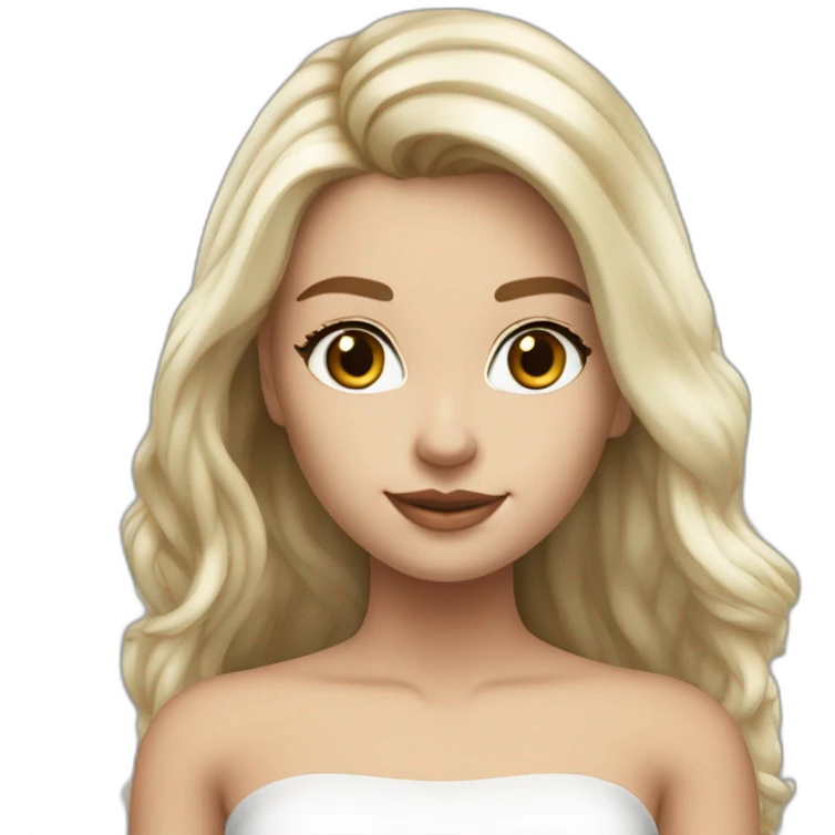 hyperrealist caucasian long hair blonde brown eyes strapless white top gray tight mini skirt black shoes complete body emoji