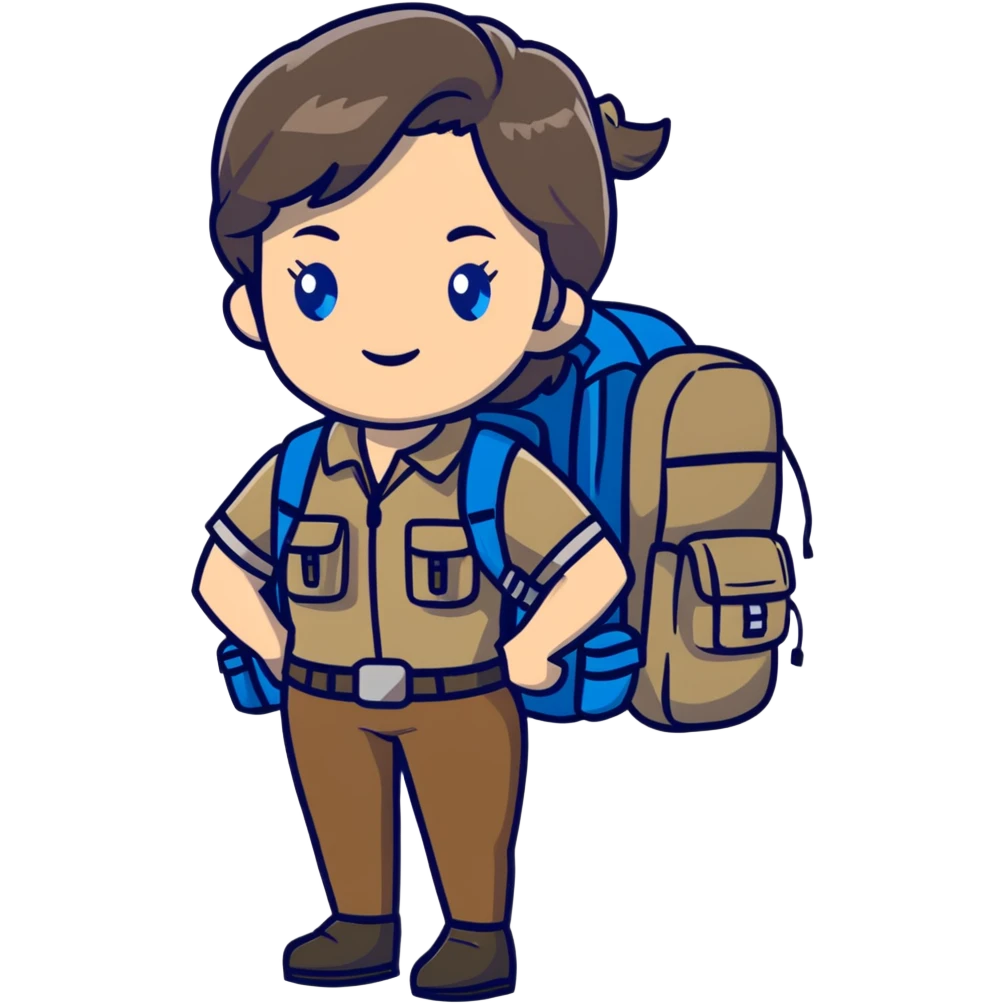 white woman park ranger with gray and brown hair, blue eyes, wearing a backpack emoji