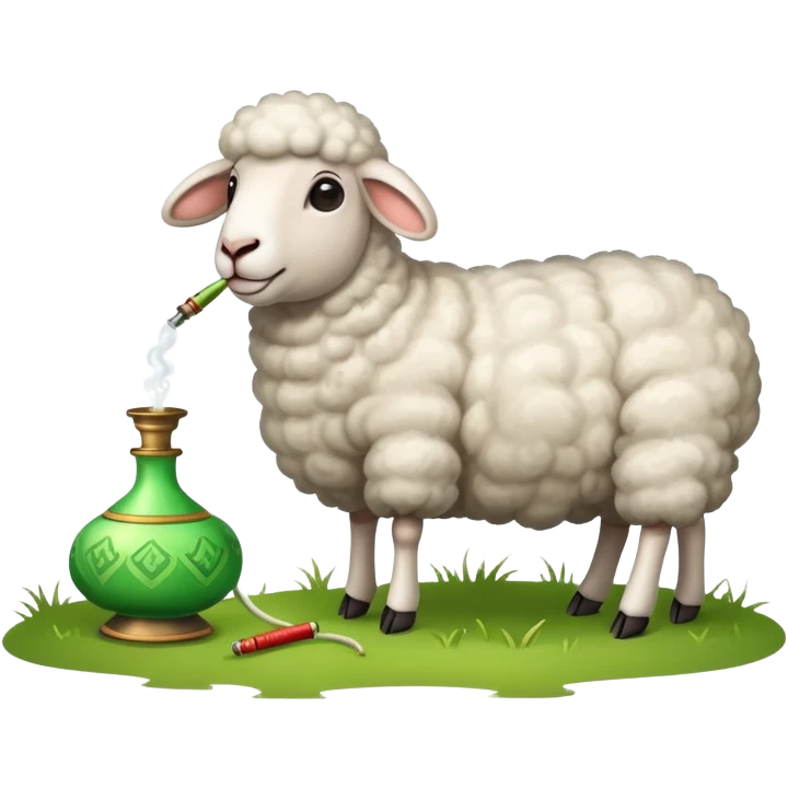 A sheep is grazing in the meadow and smoking a hookah. emoji