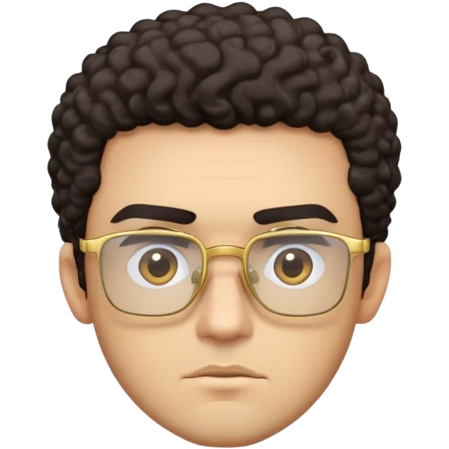 Man with angular square face, thick straight eyebrows, dark curly short hair, light stubble, neutral serious expression, wearing large square gold glasses emoji