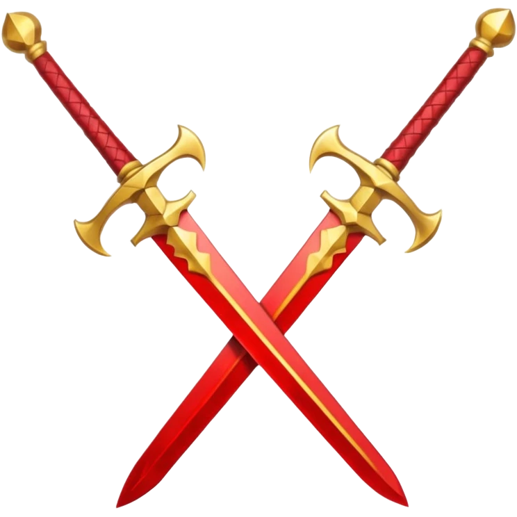 Two crossed swords that are golden in blade and handle and have fiery and royal appearence to them as well as red gem stones yellow in color emoji