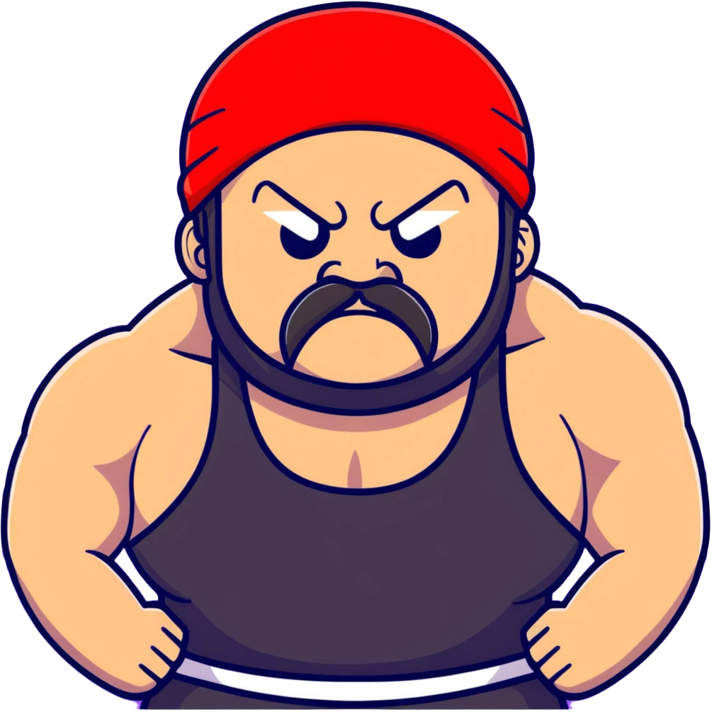 Close-up of very fat white skin guy with young face, beard and mustache, no muscle with prominent black durag, black eyes in a red and black wrestling singlet with angry face emoji