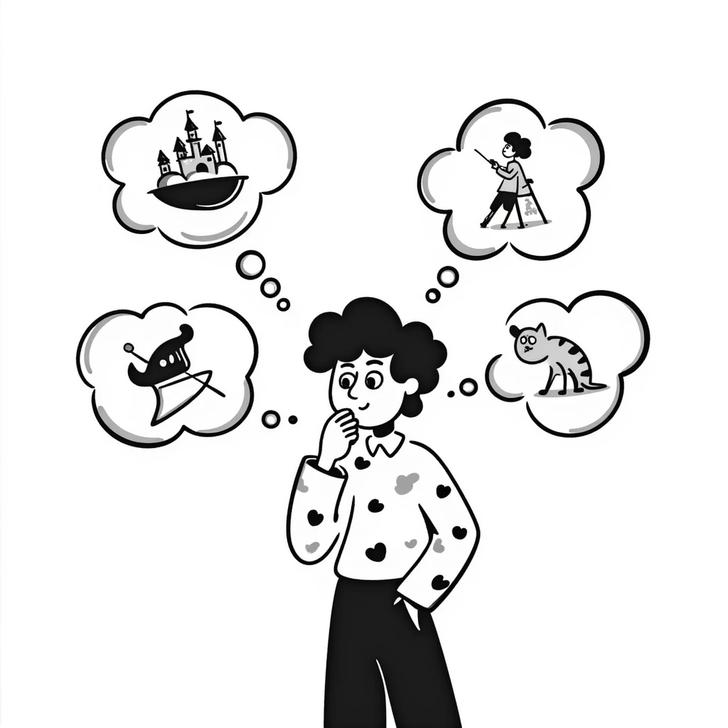 Creative artist with wild imagination visualized with thought bubbles showing artistic ideas emoji