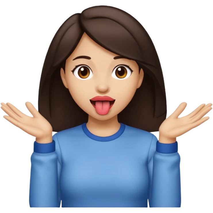 light skin female with dark brown hair. tongue out and hands to the side emoji