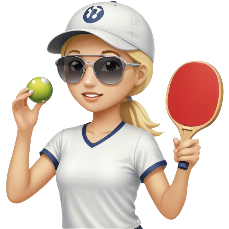 Girl with blond hair in a ponytail wearing a white baseball cap and sunglasses playing pickleball emoji