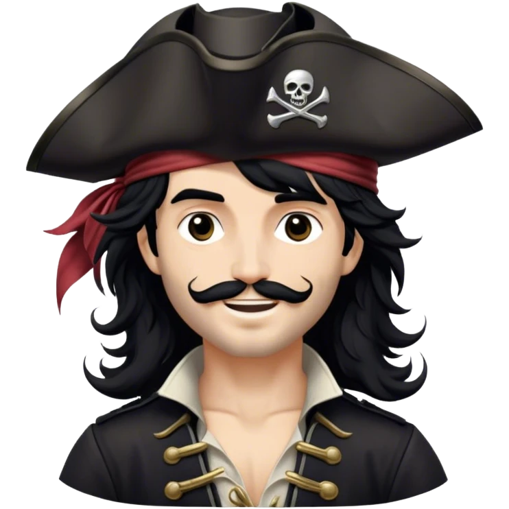 A charismatic pirate with wavy black hair tousled by the breeze. His silver-embroidered tricorn hat casts a shadow. He turns slightly, dark eyes glinting with mischief as he looks to the side, a knowing smile on his lips emoji