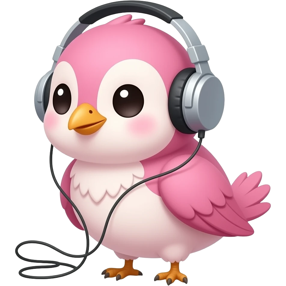 lovable small pink bird in a kawaii style listening to music in earphones. the image must be a transparent .png emoji