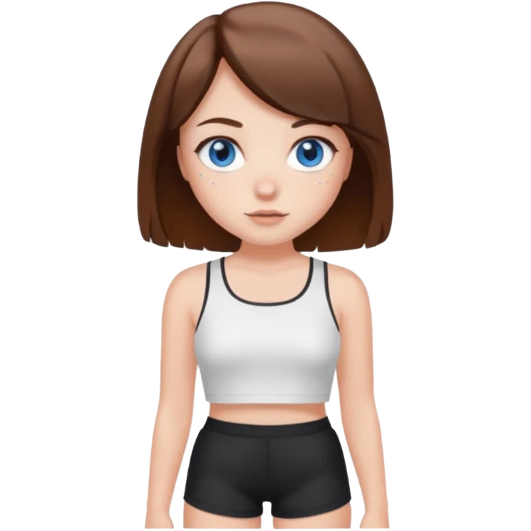 Brown haired girl with bob and blue eyes and freckles and white crop top and black shorts emoji