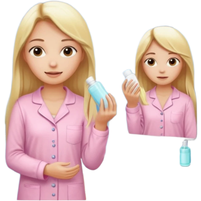 A girl in a light pink pajama is taking care of her skin, doing skincare routines in the bathroom in front of the mirror, her hair is long, blonde, and straight. emoji