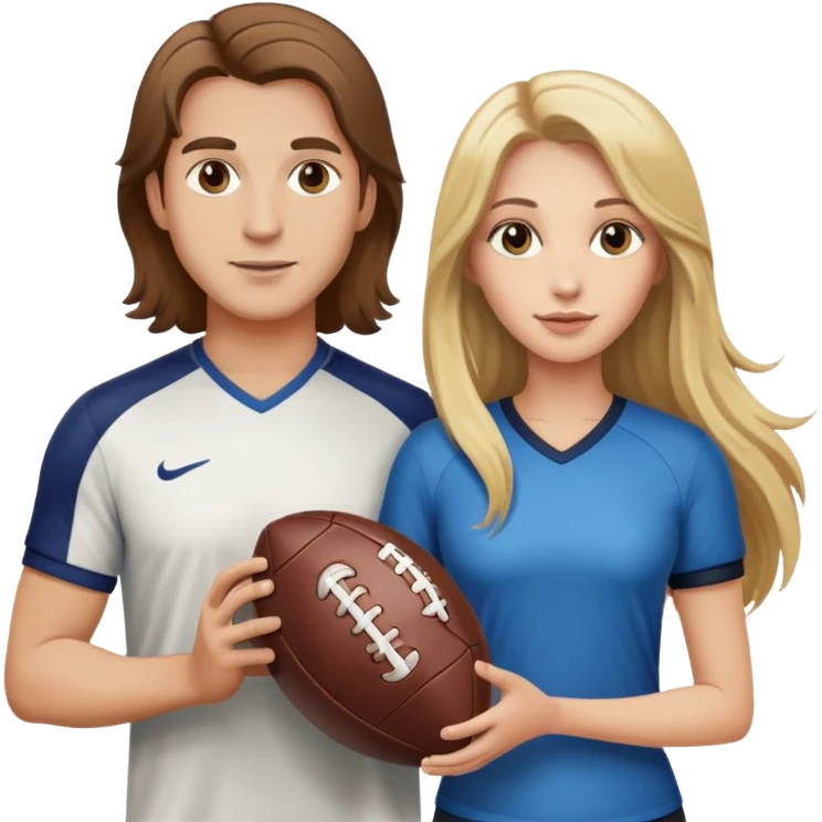 Man with brown hair with a football and woman with long blonde hair with a football emoji