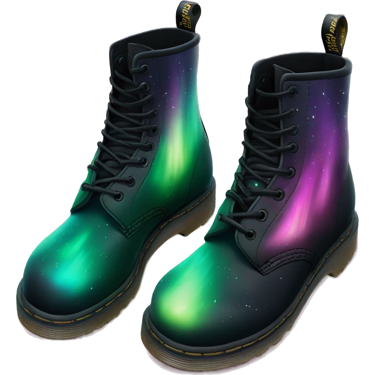Realistic isolated top view of a pair of black Dr.Martens Boots with Northern Lights Scene on them. emoji