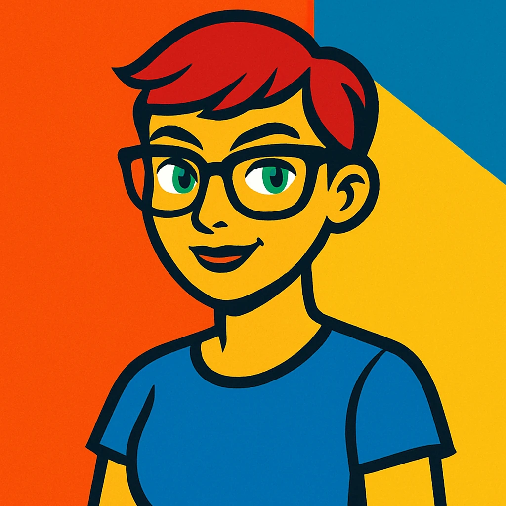 woman with a short pixie haircut, green eyes, glasses, and a short sleeve shirt, vibrant cartoon style emoji