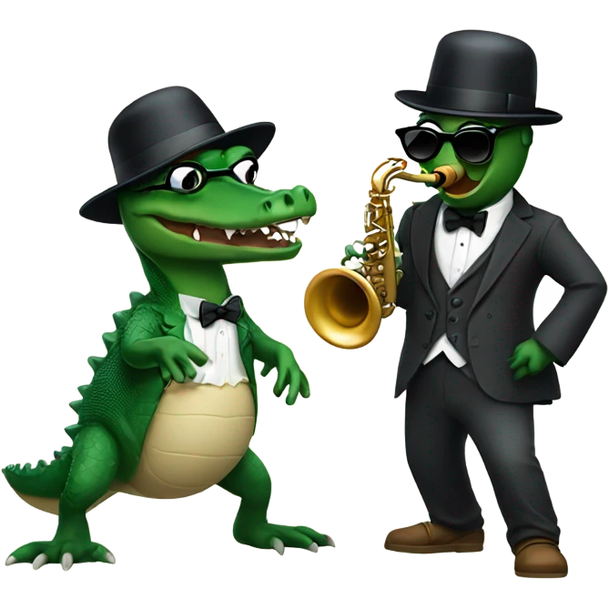 Gator with sunglasses and a bowler hat playing the saxophone and dancing emoji
