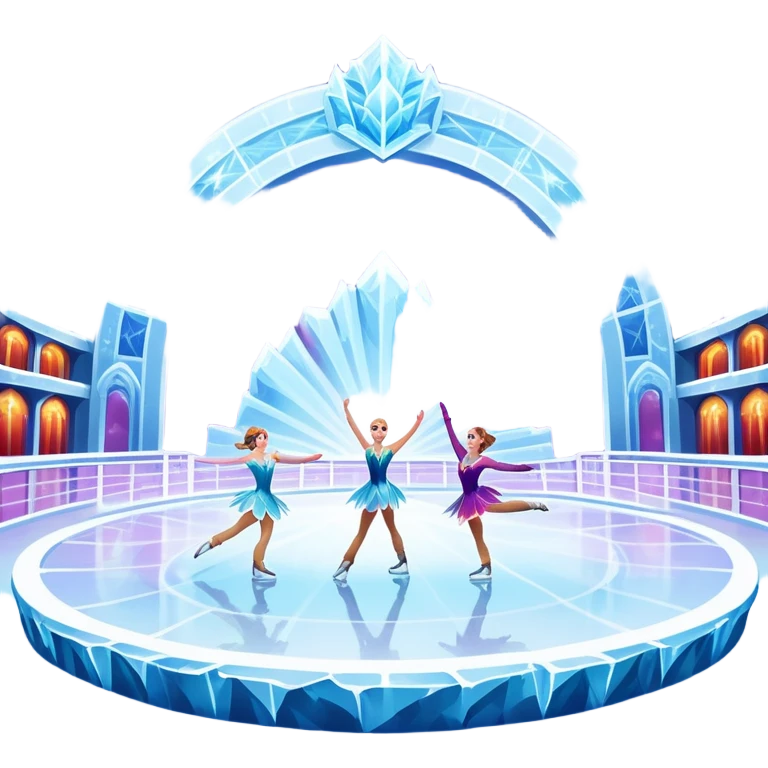 An icon of a theatrical ice show with costumed figure skaters performing a dramatic scene on a glowing ice stage. Spotlights, colorful scenery, and a cheering audience in a grand arena convey the magic and artistry of the ice performance. Transparent background included. emoji