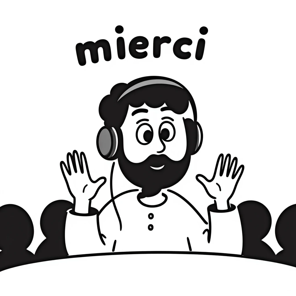 A person with black hair, brown eyes, and a black beard wearing a gaming headset, raising hands saying "merci" to an audience emoji