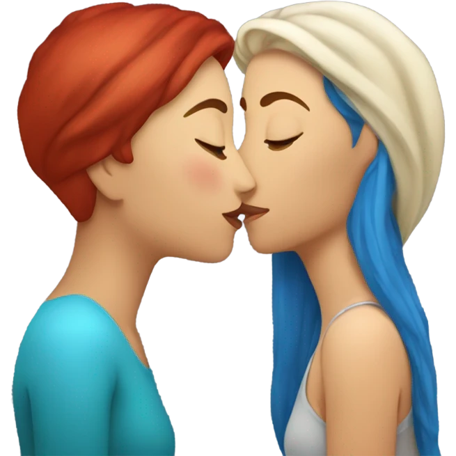 Russian woman with blue hair kissing hispanic woman with red hair emoji