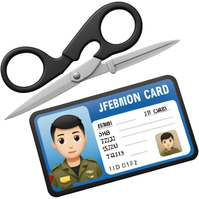 Floating black Scissors cutting in half an idf soldier ID card with a little chip in 2 parts emoji