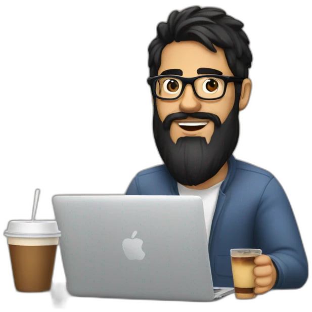 Designer with black hair, beard and glasses working with MacBook and drinking cappuccino  emoji
