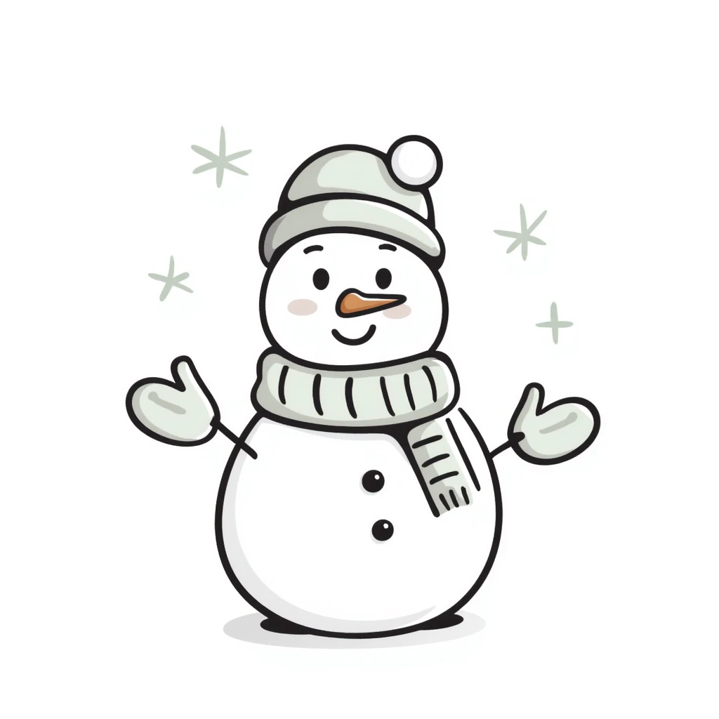 A cute snowman with scarf and winter accessories in pastel colors (dd9fb0, ffc6d3, a3bfc9, c4bee2, f1b091), hand-drawn doodle style emoji