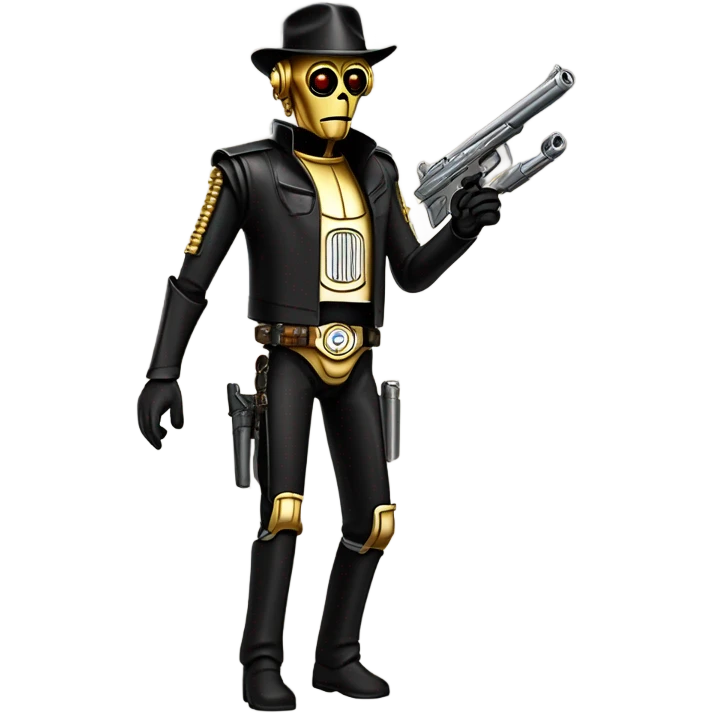 battle rough and tough bounty hunter c3Po wearing Satan’s leather outfit with guns and flat-brimmed hat on head. walking away happy emoji