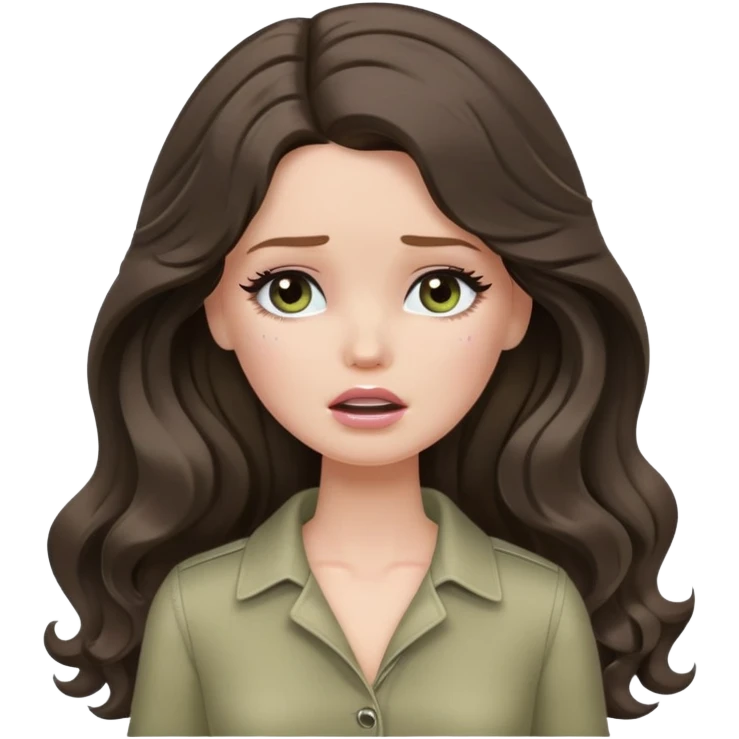 A white Barbie girl with long dark brown wavy hair in pale olive clothes crying emoji